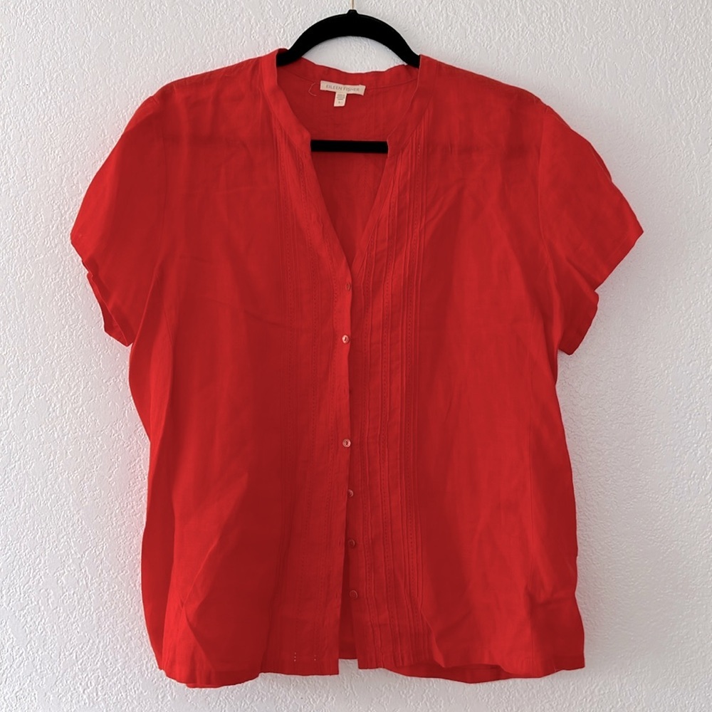 eileen fisher bright orange red linen short sleeve shirt L